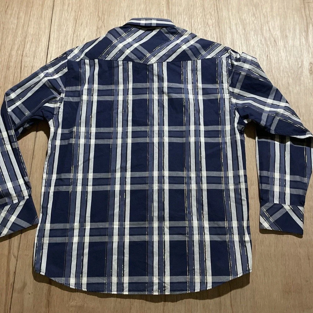 RocaWear Classic Shirt Mens Lg Blue Red Plaid Gold Stitching Button Long Sleeve‎
